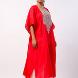 Red Silk Resham Embroidered Kaftan