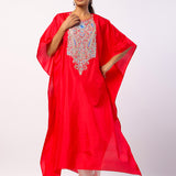 Red Silk Resham Embroidered Kaftan
