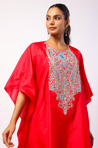 Red Silk Resham Embroidered Kaftan
