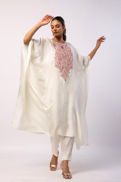 Ivory Silk Resham Embroidered Kaftan Set
