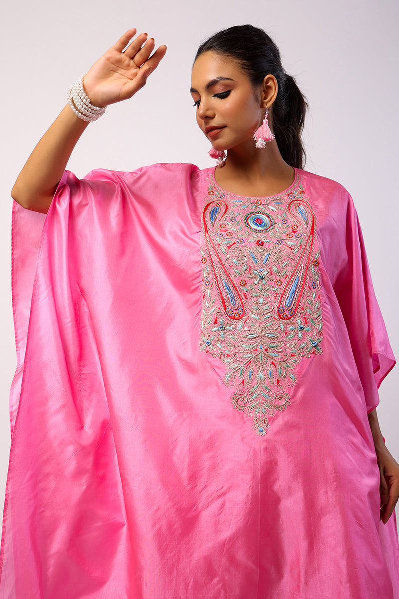Pink Silk Resham Embroidered Kaftan Set
