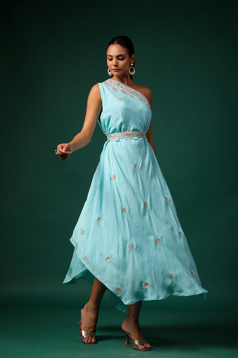 Aqua Embroidered Kamini One Shoulder Dress