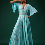Aqua Embroidered Chinar Jumpsuit