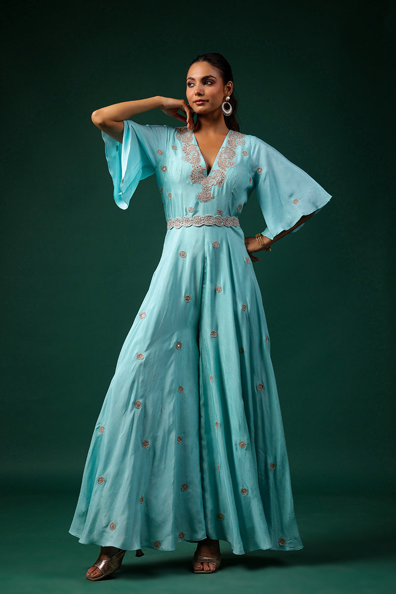 Aqua Embroidered Chinar Jumpsuit