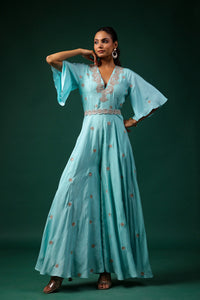 Aqua Embroidered Chinar Jumpsuit