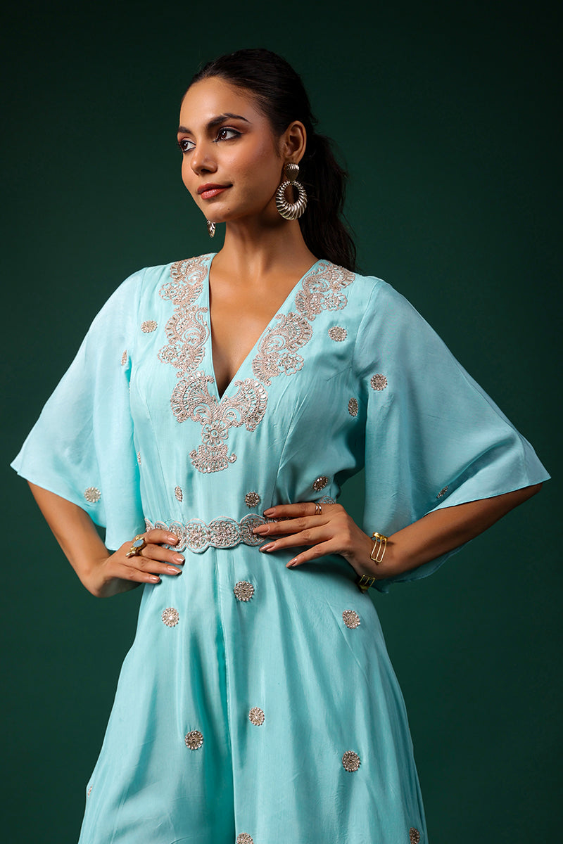 Aqua Embroidered Chinar Jumpsuit