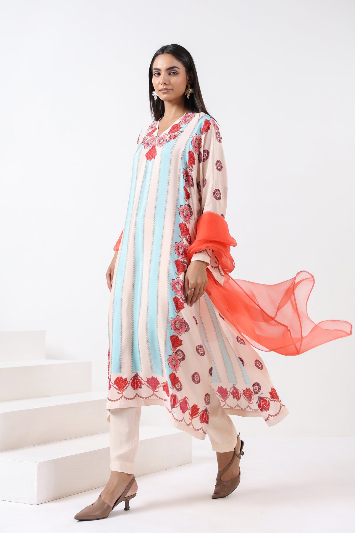 Ivory & Aqua Printed Embroidered Kurta Set