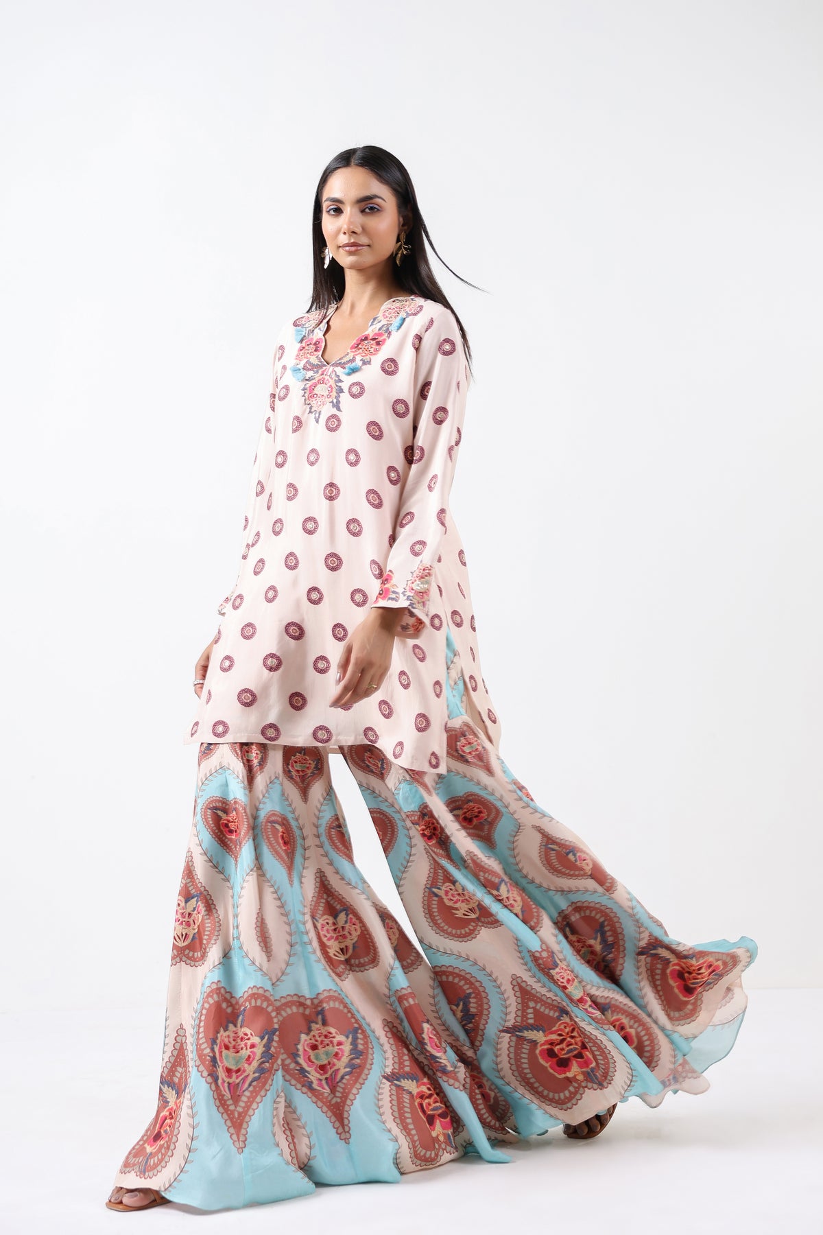 Ivory & Aqua Printed Embroidered Sharara Set