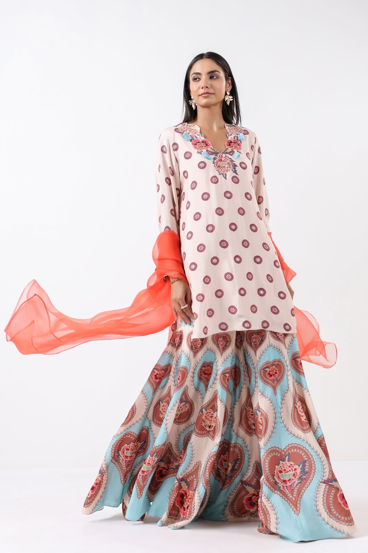 Ivory & Aqua Printed Embroidered Sharara Set