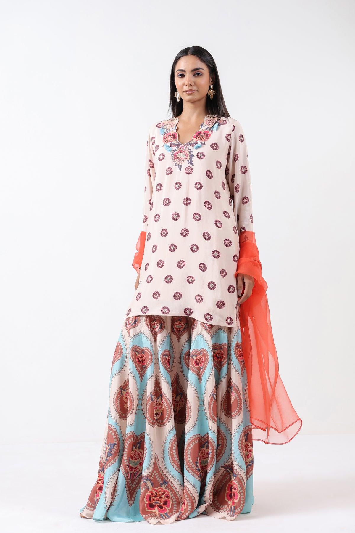 Ivory & Aqua Printed Embroidered Sharara Set