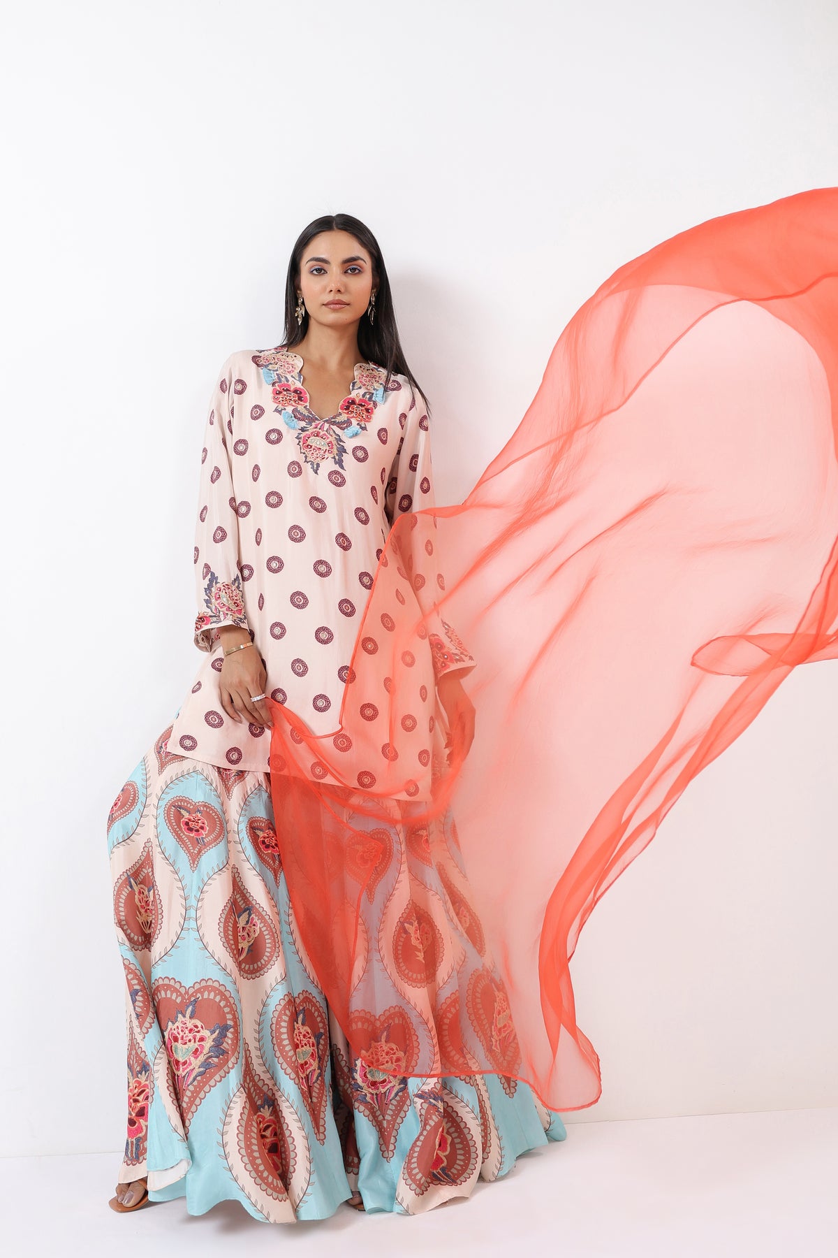 Ivory & Aqua Printed Embroidered Sharara Set