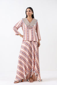 Aqua Printed Embroidered Skirt Set