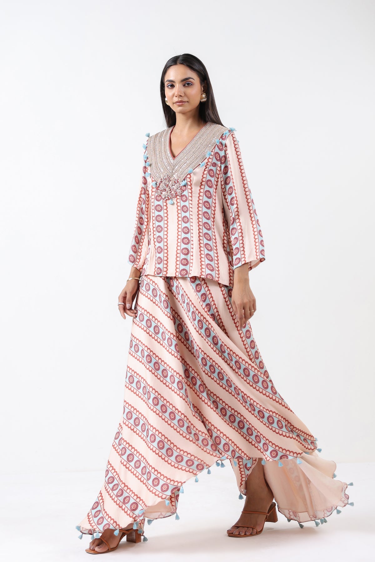 Aqua Printed Embroidered Skirt Set