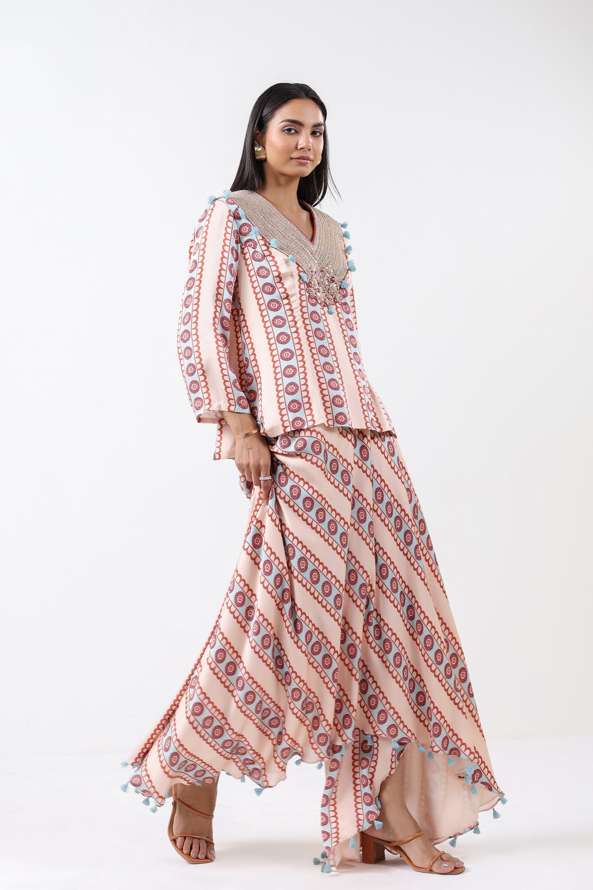Aqua Printed Embroidered Skirt Set