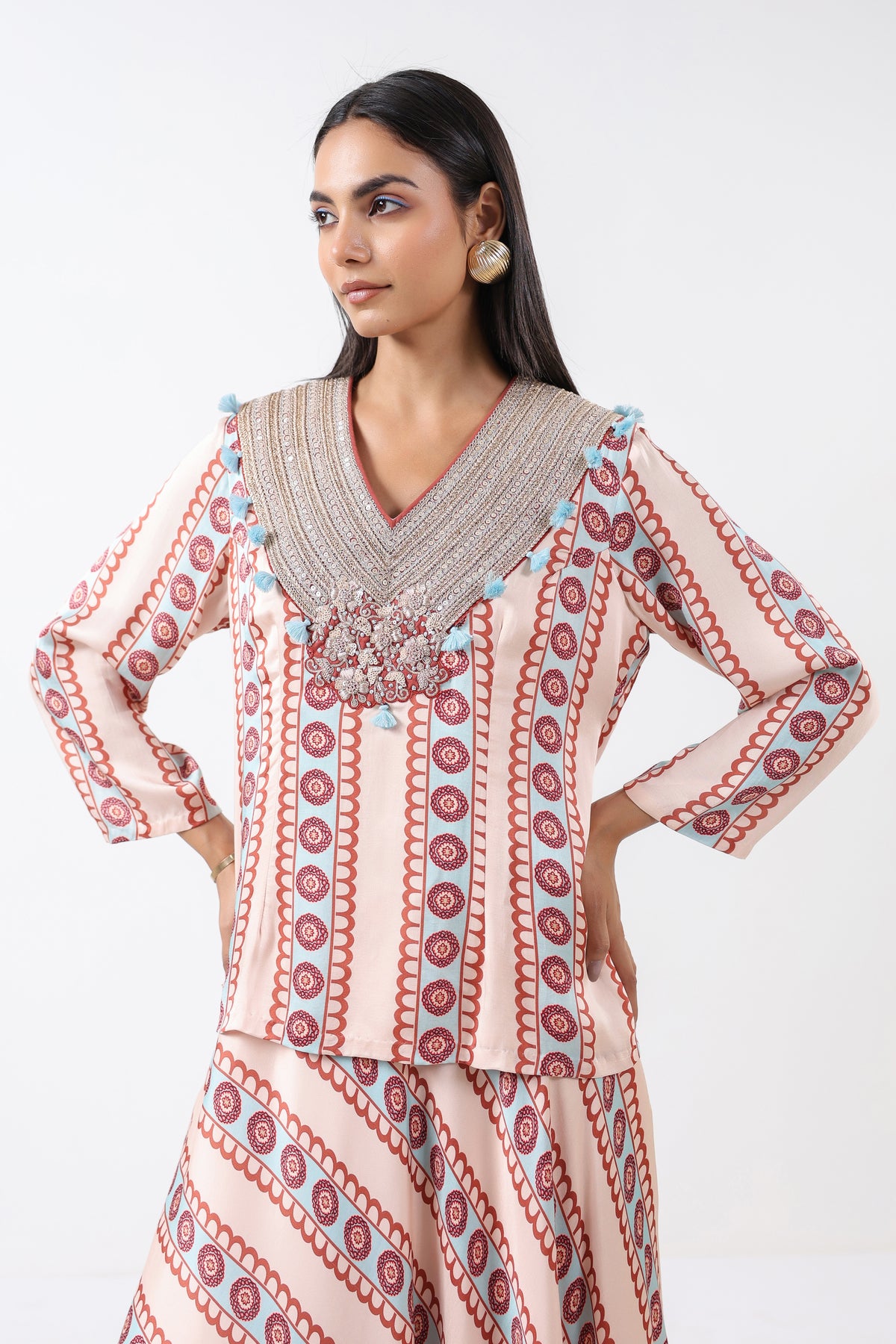 Aqua Printed Embroidered Skirt Set