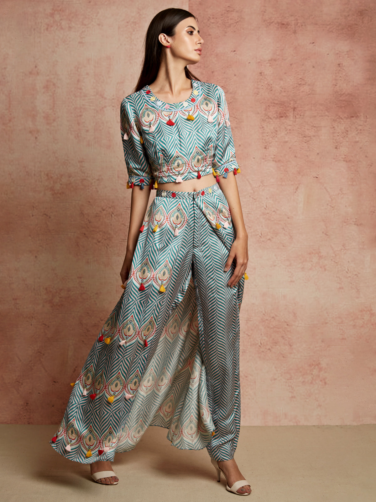 Amer Multi Colour Crop Top With Wrap Pants