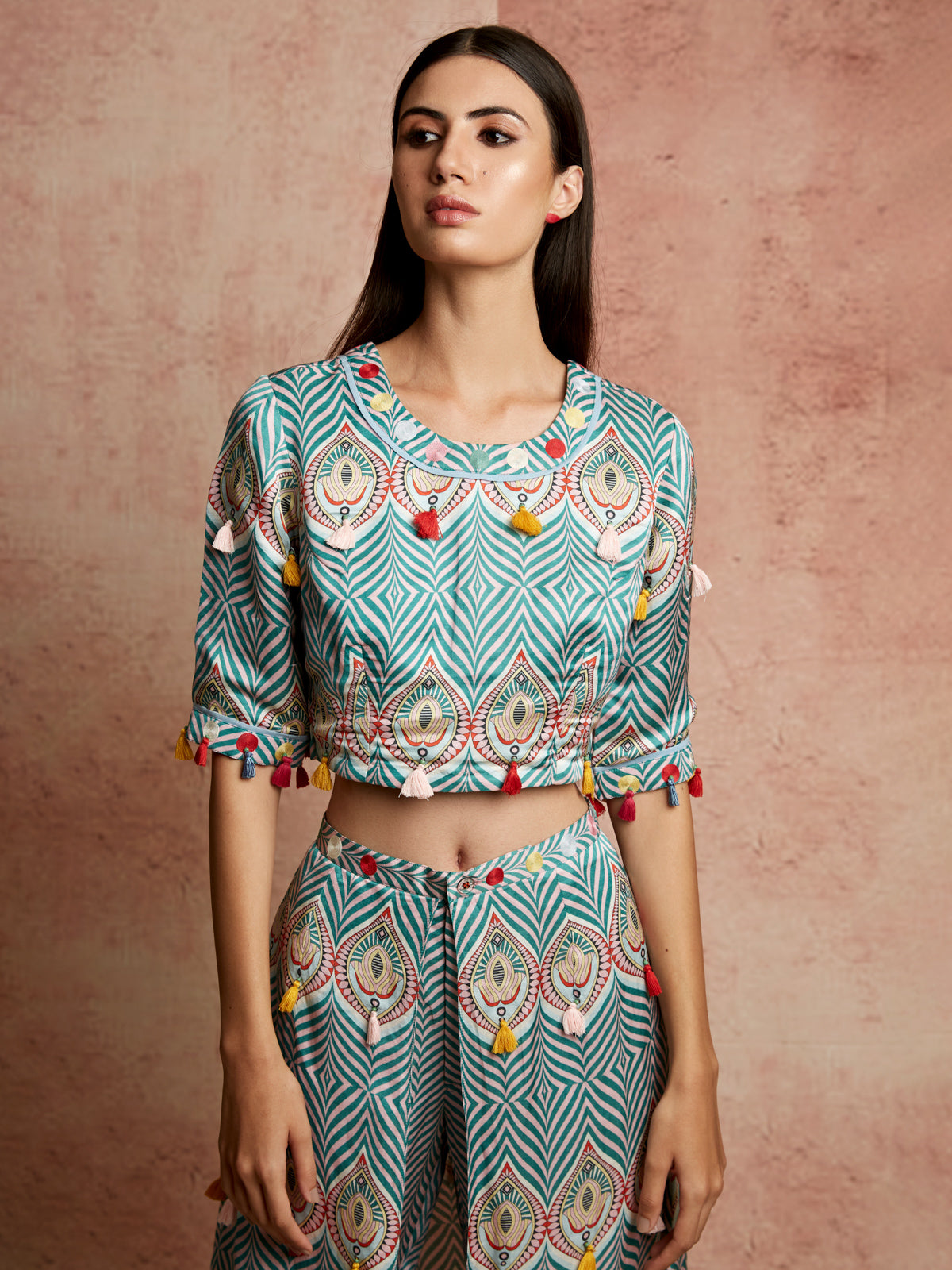 Amer Multi Colour Crop Top With Wrap Pants
