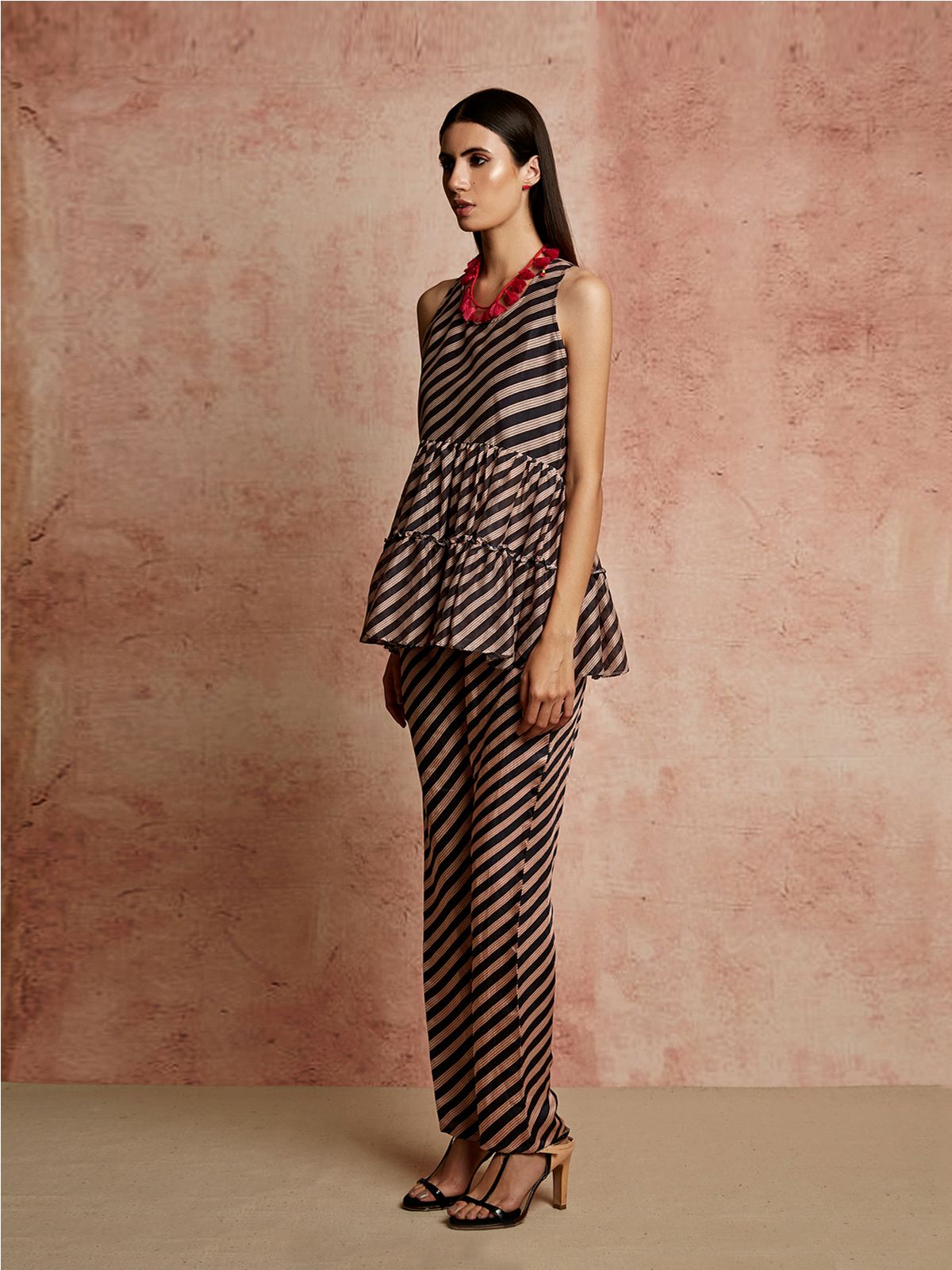 Amer Black Diagonal Stripes Pants