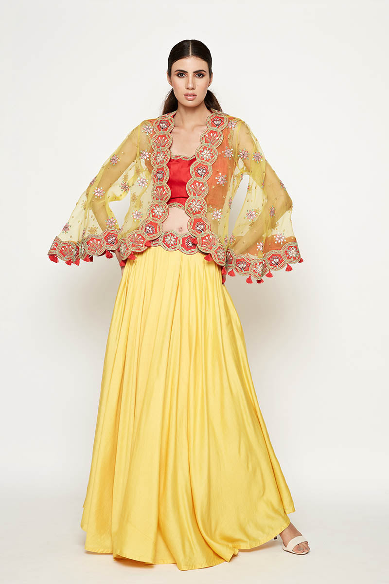 Morbagh Yellow Lehenga With Top And Embroidered Cape