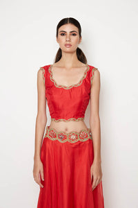 Morbagh Red Lehenga With Top And Embroidered Cape