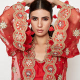 Morbagh Red Lehenga With Top And Embroidered Cape