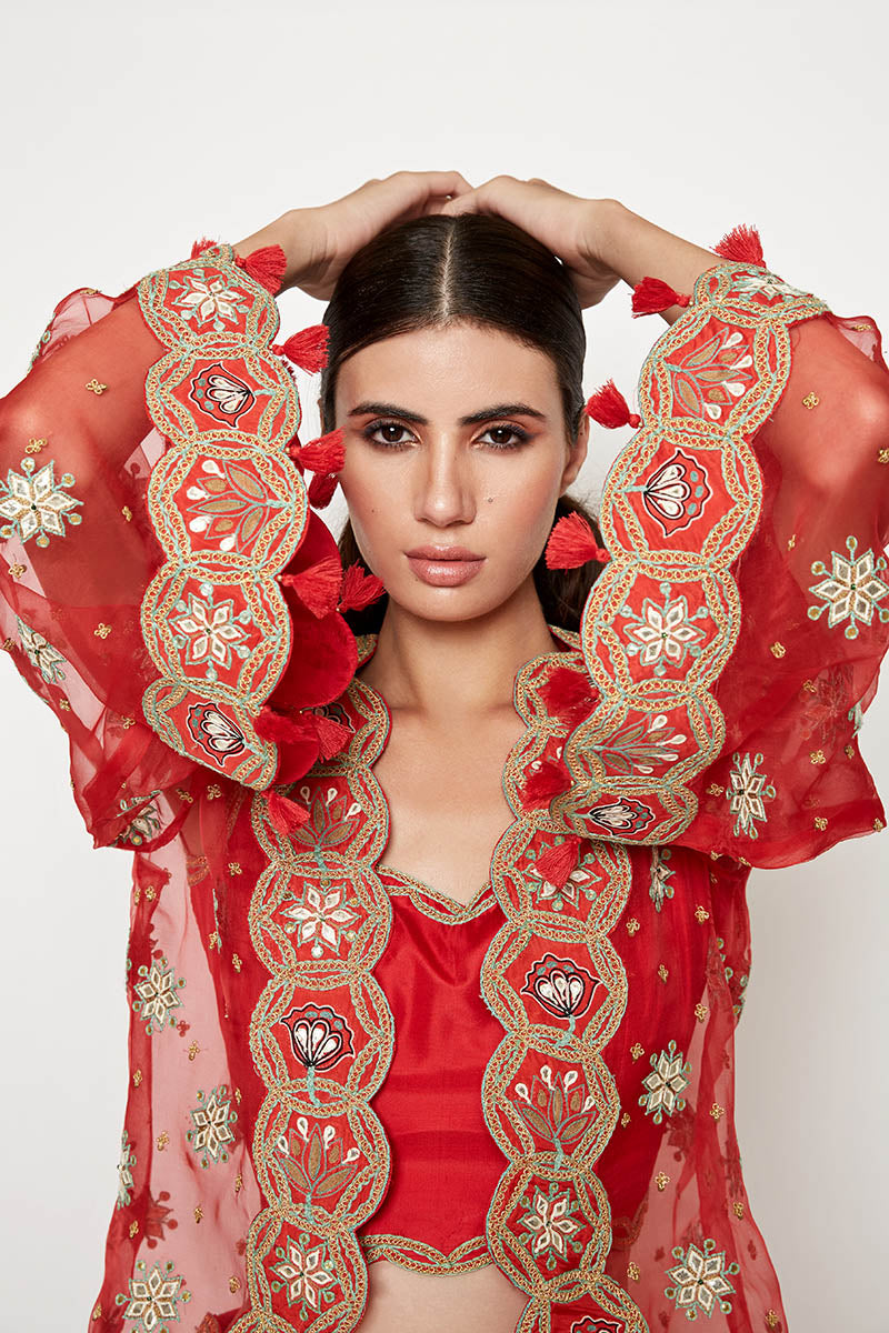 Morbagh Red Lehenga With Top And Embroidered Cape