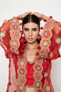 Morbagh Red Lehenga With Top And Embroidered Cape
