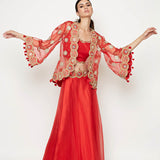 Morbagh Red Lehenga With Top And Embroidered Cape