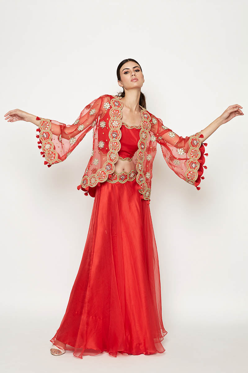 Morbagh Red Lehenga With Top And Embroidered Cape