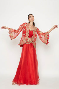 Morbagh Red Lehenga With Top And Embroidered Cape