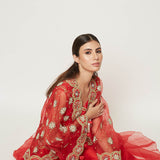 Morbagh Red Lehenga With Top And Embroidered Cape