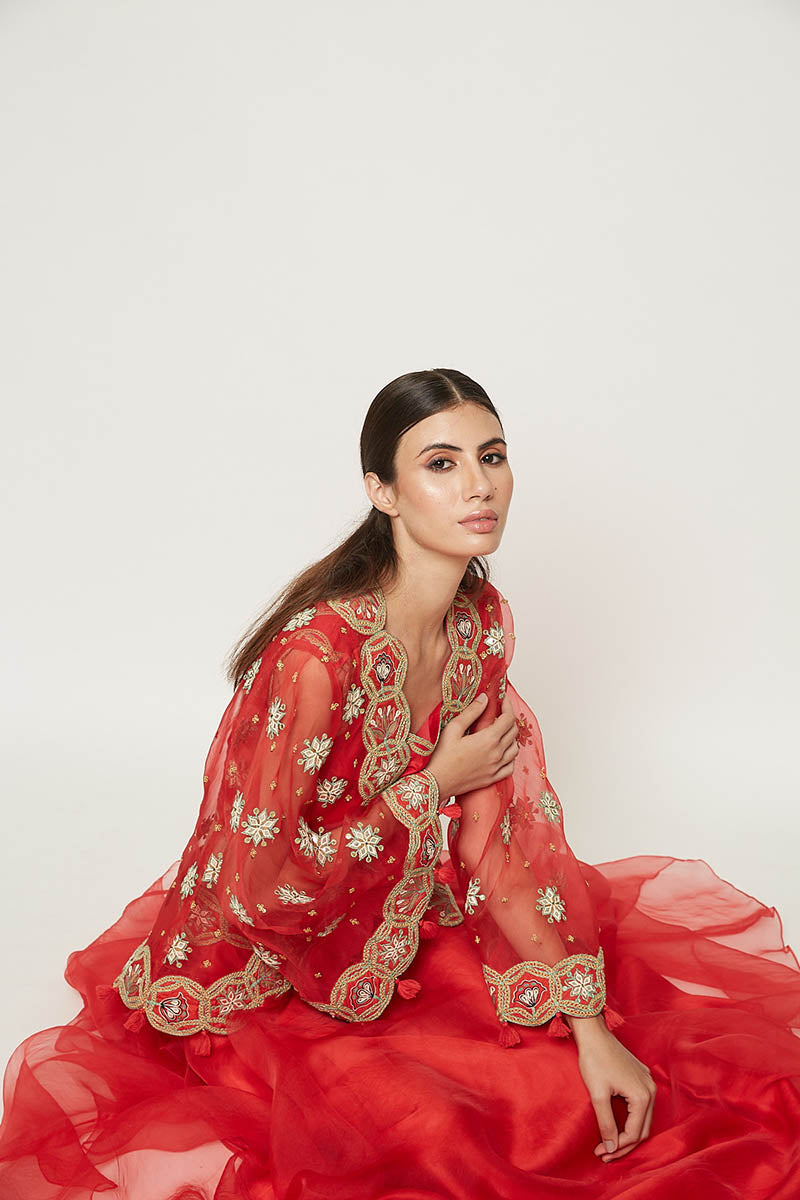 Morbagh Red Lehenga With Top And Embroidered Cape
