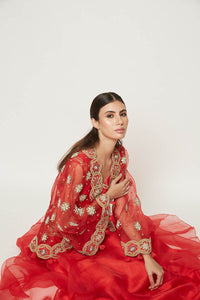 Morbagh Red Lehenga With Top And Embroidered Cape