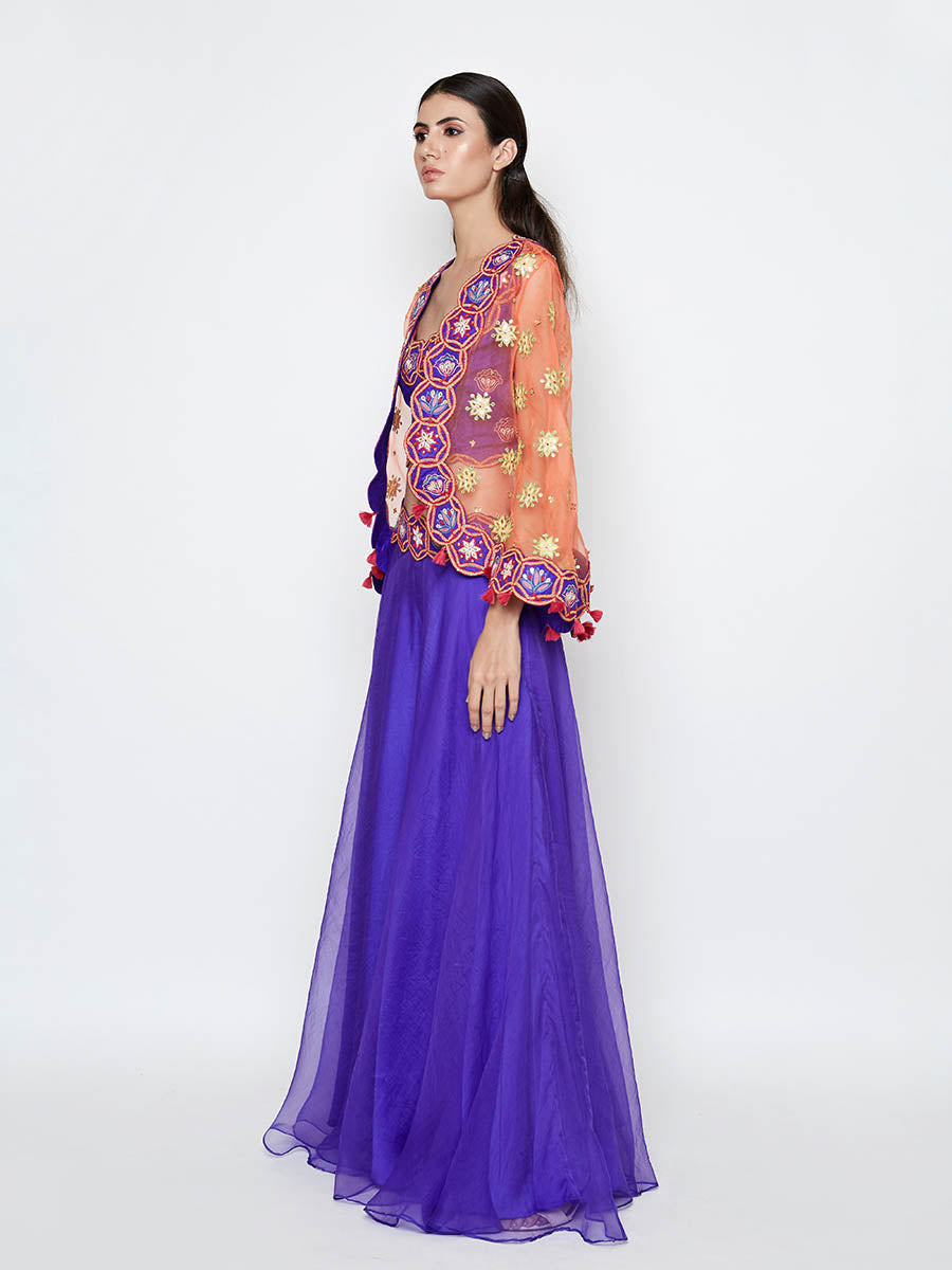 Morbagh Purple Lehenga With Top And Pink Embroidered Cape