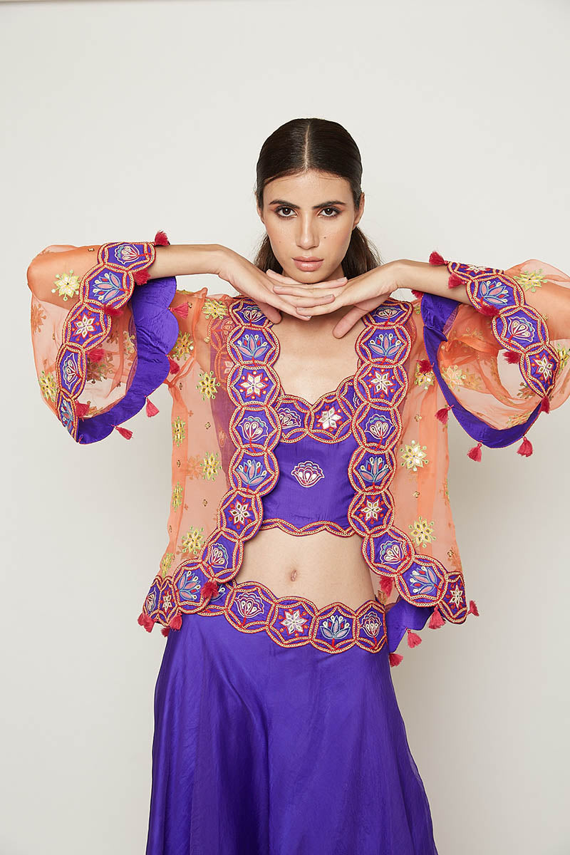 Morbagh Purple Lehenga With Top And Pink Embroidered Cape