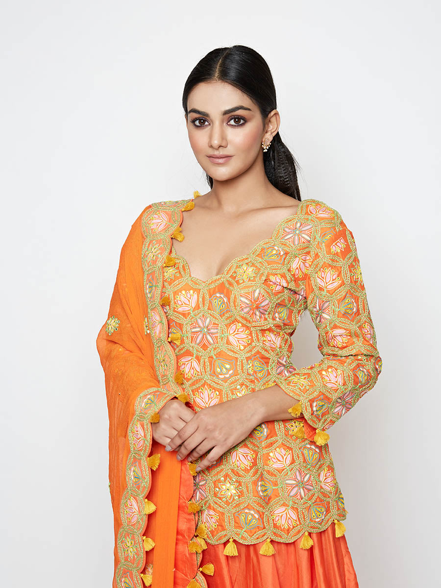 Morbagh Short Embroidered Kurta With Skirt And Dupatta