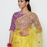 Yellow Organza Embroidered Saree With Blouse