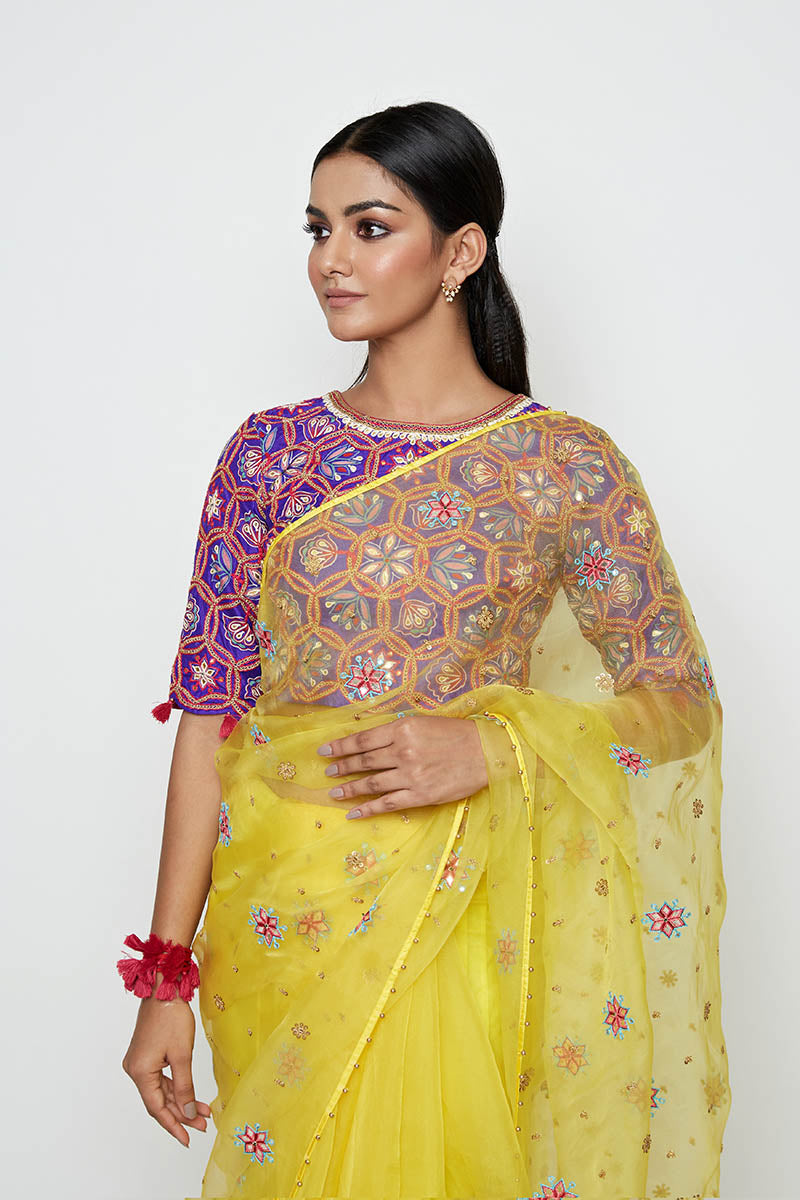 Yellow Organza Embroidered Saree With Blouse