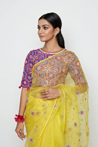 Yellow Organza Embroidered Saree With Blouse