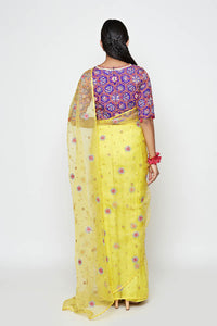 Yellow Organza Embroidered Saree With Blouse