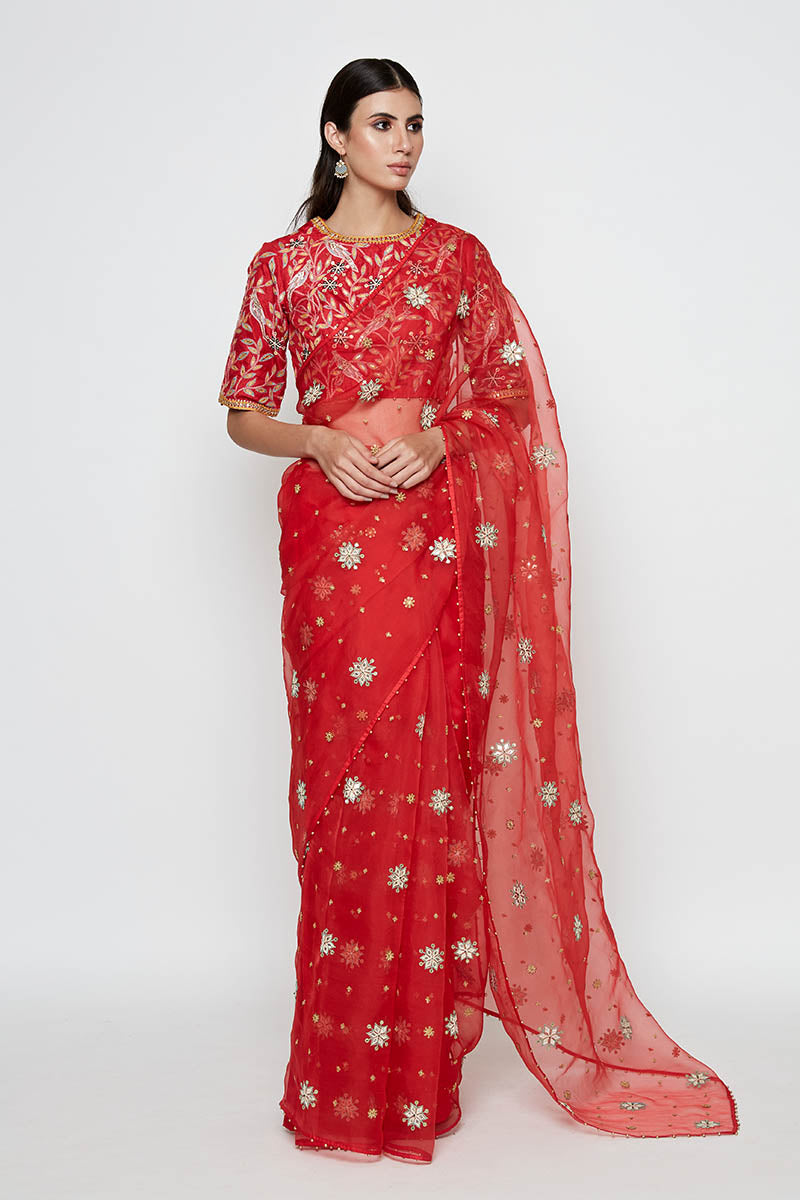 Festive Red Organza Saree with Embroidery