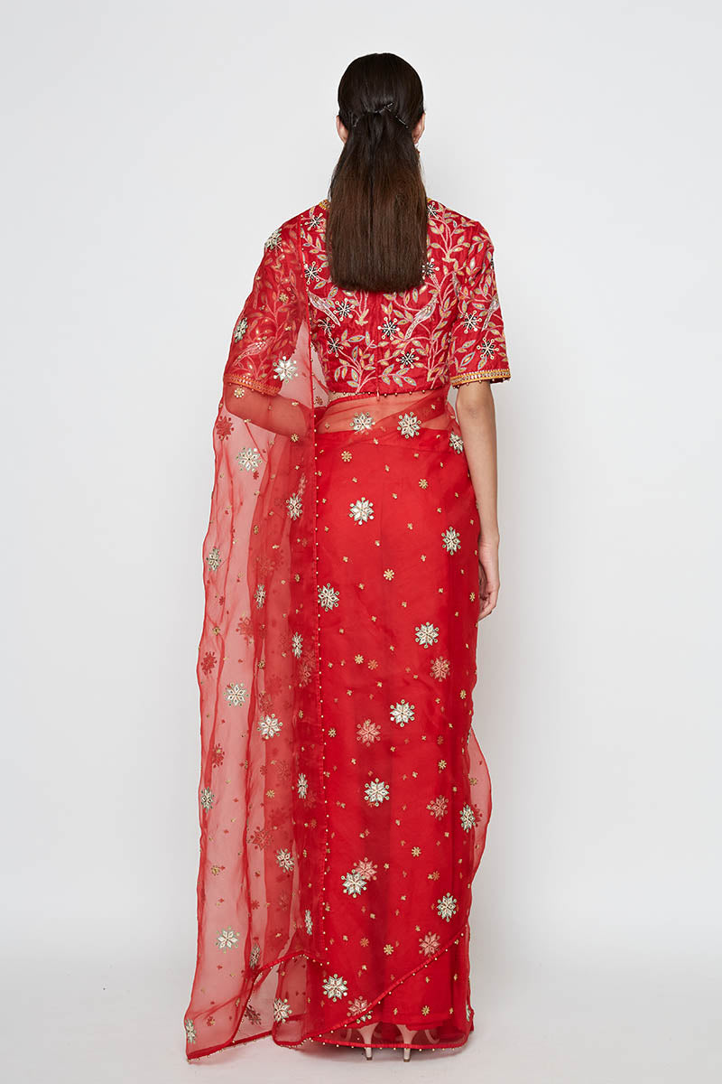 Festive Red Organza Saree with Embroidery