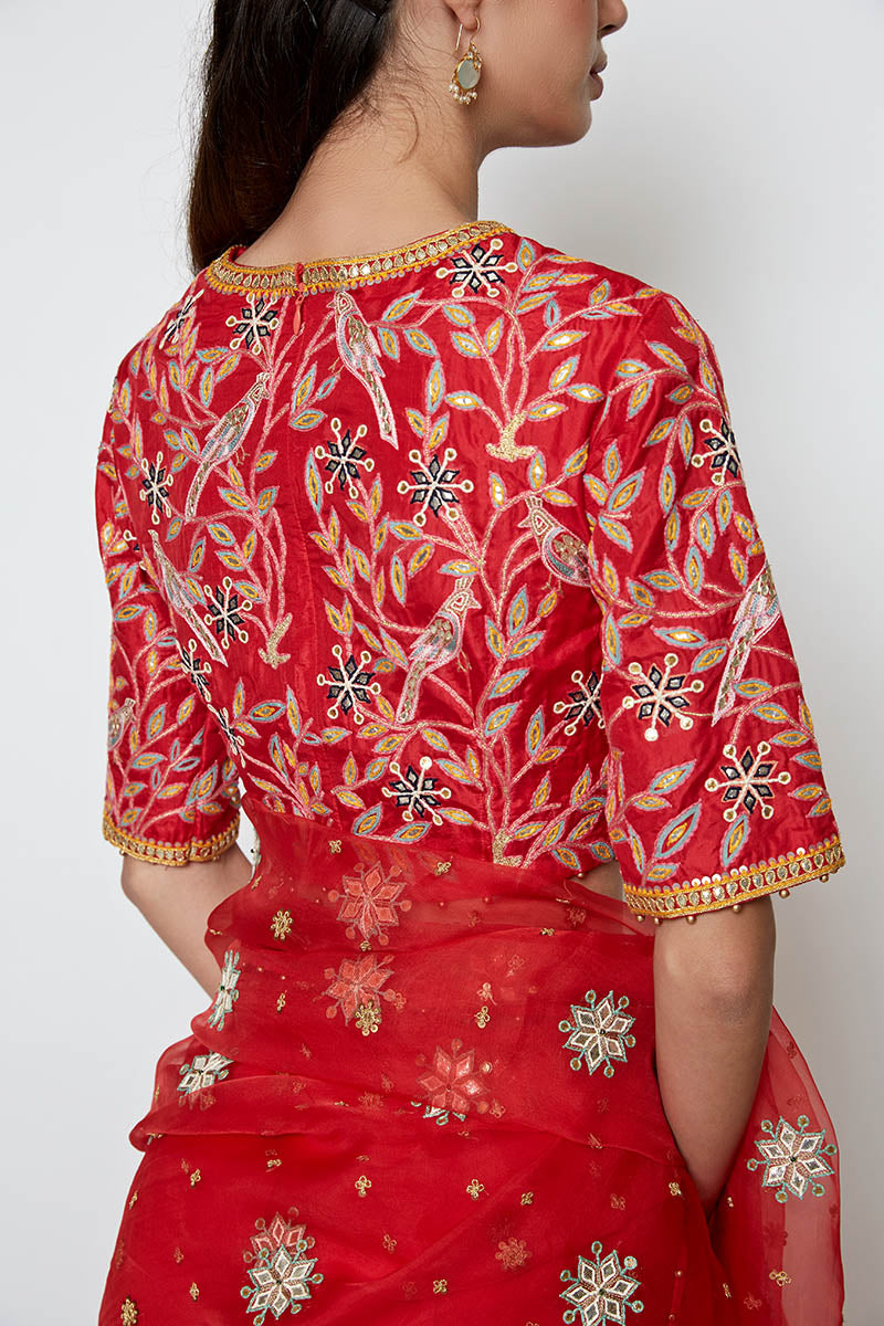Festive Red Organza Saree with Embroidery