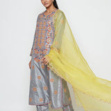 Morbagh Grey Embroidered Yoke Kurta, Pants And Dupatta