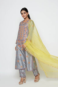 Morbagh Grey Embroidered Yoke Kurta, Pants And Dupatta