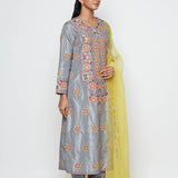 Morbagh Grey Embroidered Yoke Kurta, Pants And Dupatta