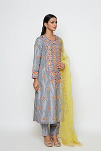 Morbagh Grey Embroidered Yoke Kurta, Pants And Dupatta