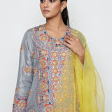 Morbagh Grey Embroidered Yoke Kurta, Pants And Dupatta