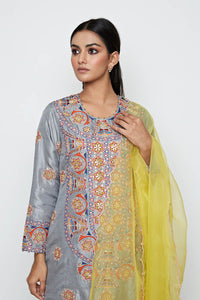 Morbagh Grey Embroidered Yoke Kurta, Pants And Dupatta