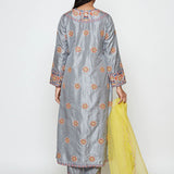 Morbagh Grey Embroidered Yoke Kurta, Pants And Dupatta